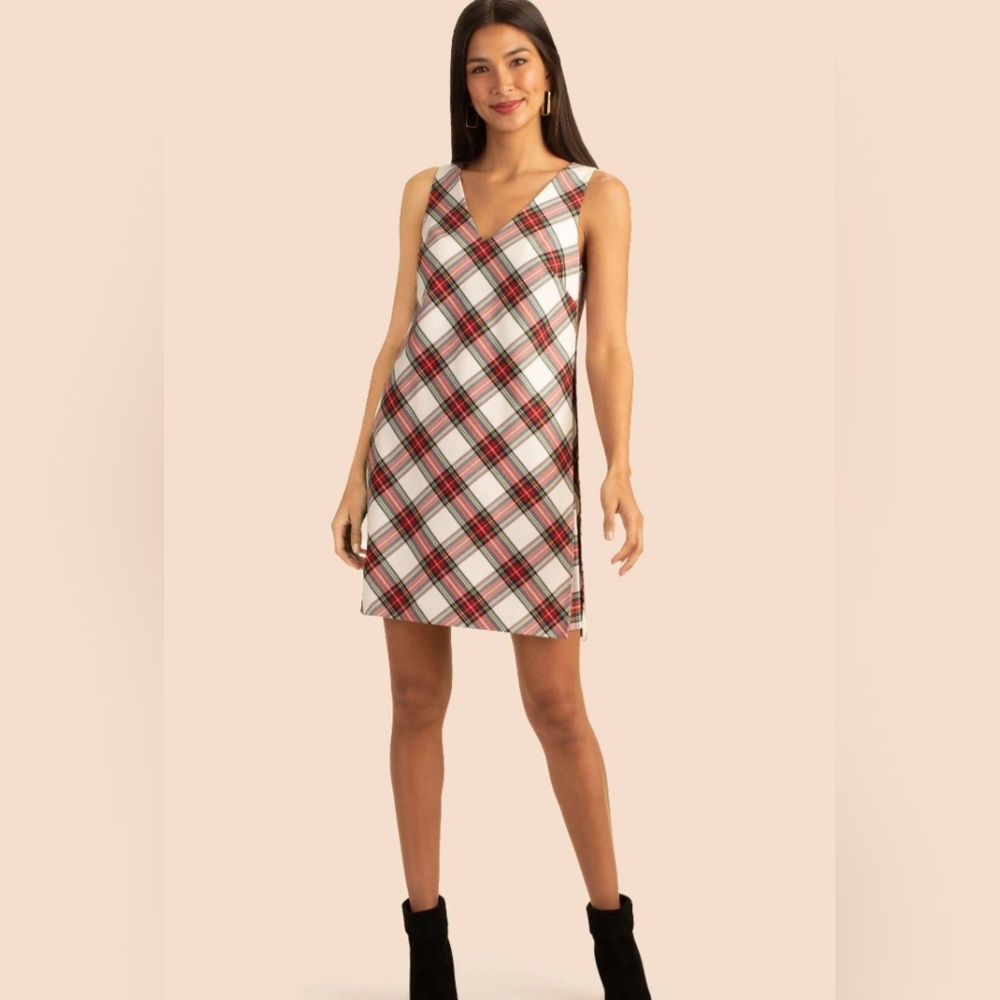 Trina Turk Size 14 Holiday Brynne Shift V neck preppy plaid dress new